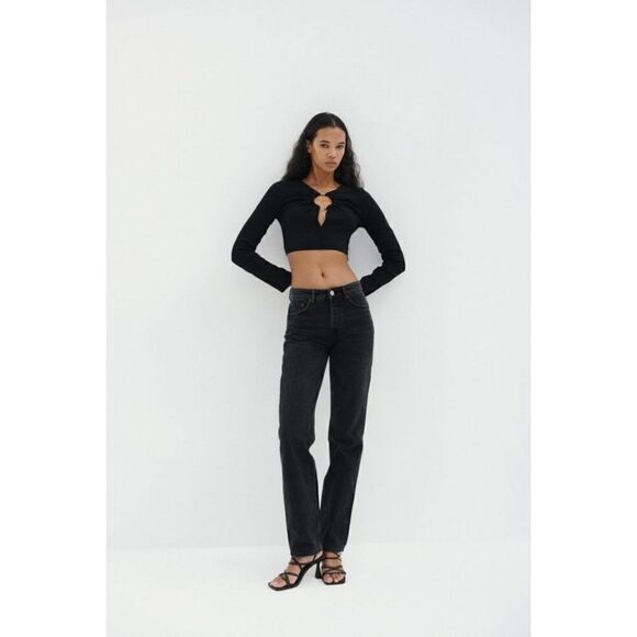 Rare Zara Metal Loop Linen Black Long Sleeve Crop Top - Picture 6 of 12